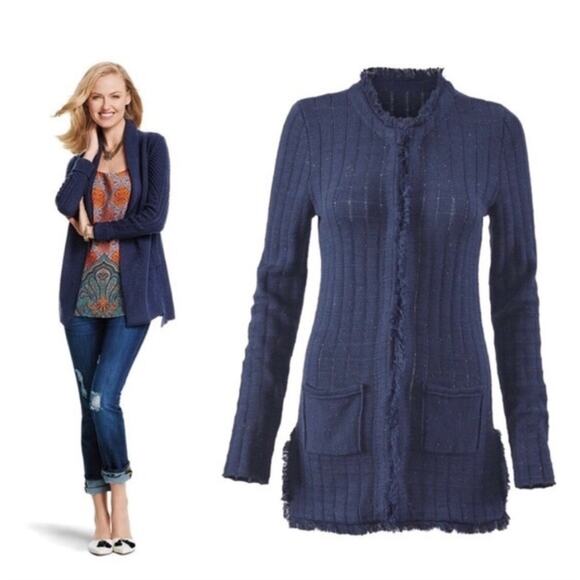 CAbi Duchess Longline Cardigan Sweater Blue Multicolor Flecks Frayed Edge Medium - Picture 1 of 7